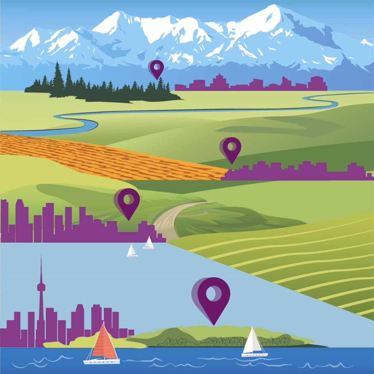 An illustration of 4 city skylines and inverted-drop-shaped markers, with nearby mountains, forest, grasslands, rolling hills or coastline.