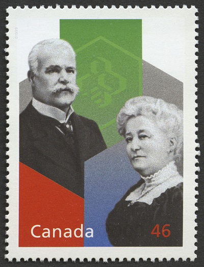 Postal stamp Alphonse and Dorimène Desjardins: Small Savings, Big Results (© Canada Post Corporation | Société des postes canadienne [2000]. Reproduced with Permission | Reproduit avec permission.)