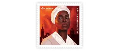 Timbre commémorant Marie Joseph Angélique, dévoilée dans le cadre du Mois de l’histoire des Noirs 2025 (© Société canadienne des postes / Illustré par Alexis Eke | Canada Post Corporation / Illustrated by Alexis Eke)