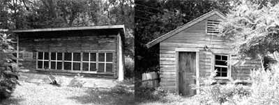 Exterior view of the Massey Farmstead, showing the chicken coop on the left and the ice and milk house on the right, 1992. © Parks Canada Agency / Agence Parcs Canada, Historica Resources Ltd., 1992.