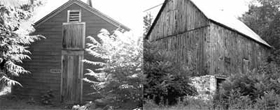 Exterior view of the Massey Farmstead, showing the calving barn on the left and the large barn on the right, 1992. © Parks Canada Agency / Agence Parcs Canada, Historica Resources Ltd., 1992.