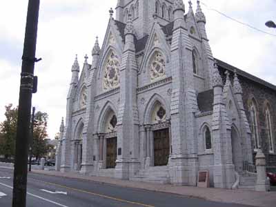 General view of St. Mary's Basilica, showing its imposing, stone construction, which reflects its importance as a cornerstone of the Roman Catholic community in Nova-Scotia, 2006. © Parks Canada Agency / Agence Parcs Canada, 2006.