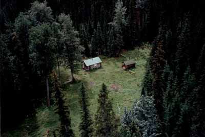 Aerial view of Middle Forks Warden Patrol Cabin, showing the cabin, the clearing, adjacent shed, and the surrounding forest, 1997. © Parks Canada Agency / Agence Parcs Canada, 1997.