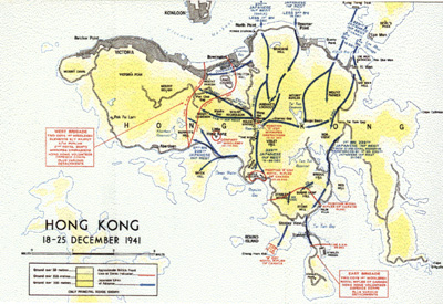 Image of map showing the defence of Hong Kong Island, 1941 © C.P. Stacey, The Canadian Army, 1939-1945 (Ottawa: The Kings Printer, 1948), p. 288