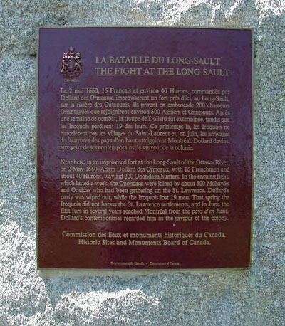 Fight at the Long-Sault, plaque at Carillon, QC © Parks Canada Agency / Agence Parcs Canada, 1989