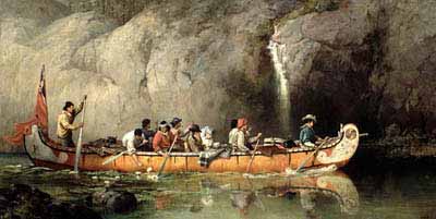 Scene showing a large Hudson's Bay Company freight canoe passing a waterfall, presumably on the French River. The passengers in the canoe may be the artist and her husband, Edward Hopkins, secretary to the Governor of the Hudson's Bay Company. © Bibliothèque et Archives Canada | Library and Archives Canada / Acc. No. 1989-401-1 / e011153912