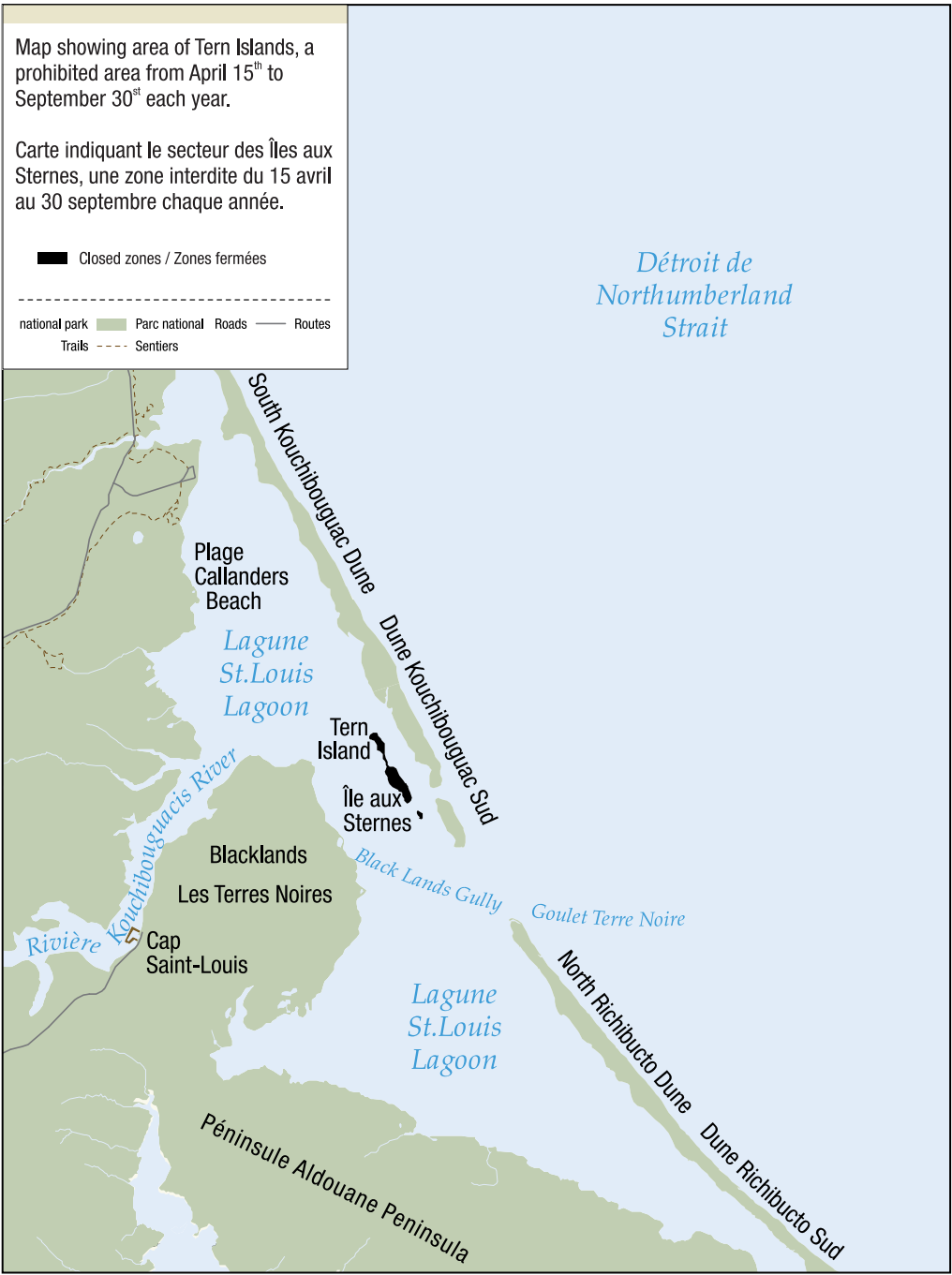 Map of Kouchibouguac National Park, showing Tern Islands as being closed.